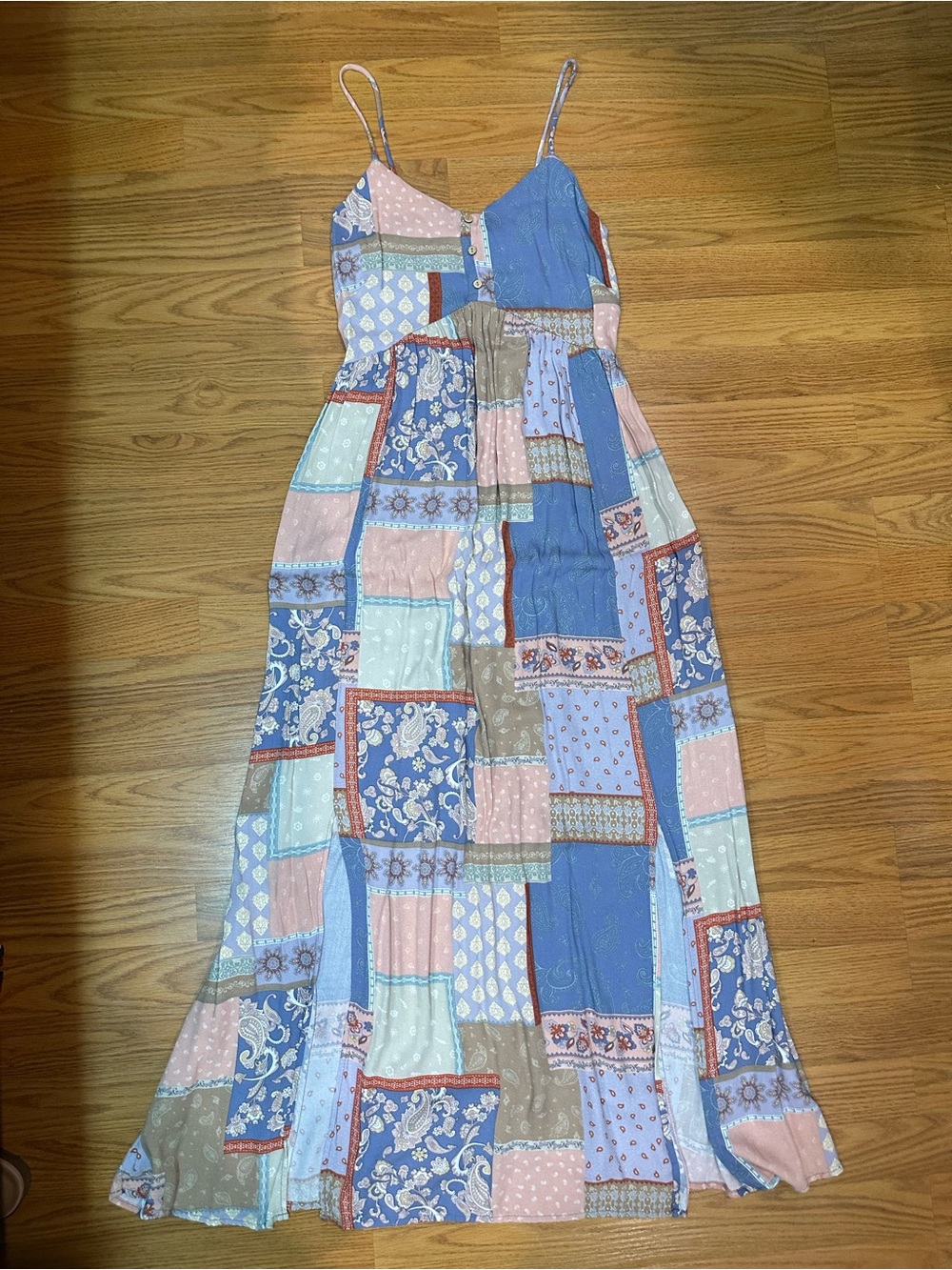 Patchwork Print Maxi Dress - Blue & Pink